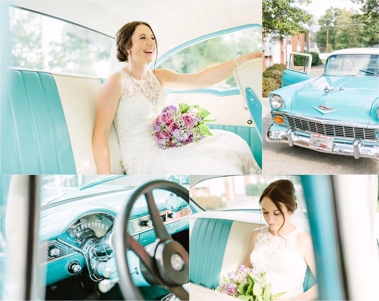  A ride in a classic blue Chevy for a beautiful bride. 